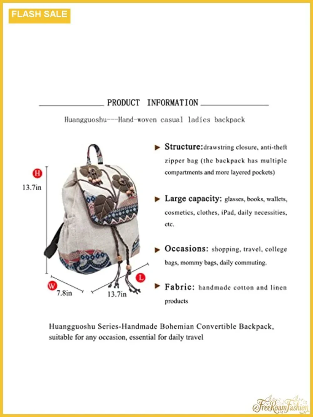 Hand-Embroidered Boho Canvas Drawstring Backpack Purse for Women Anti-Theft